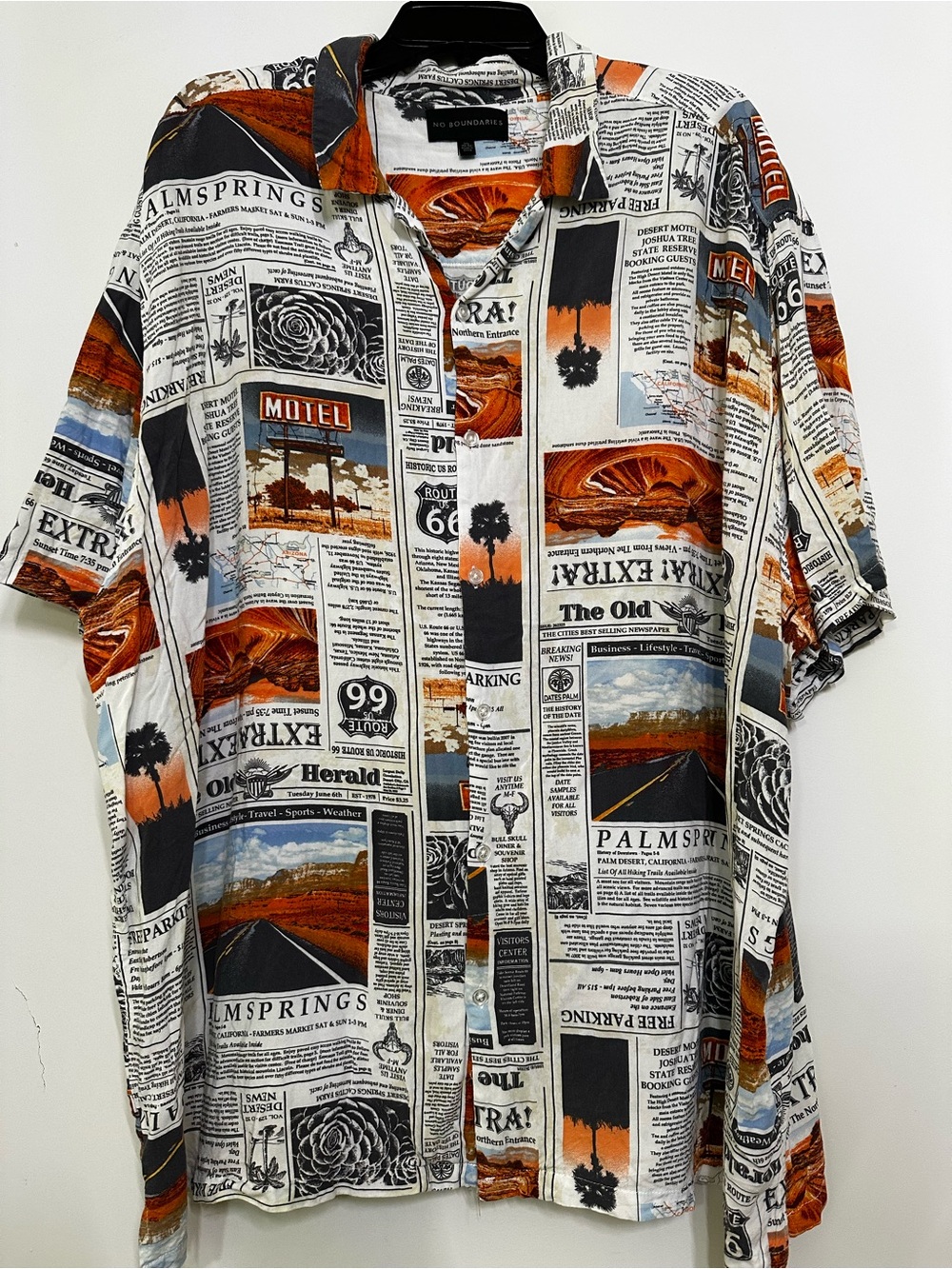 No Boundaries Newspaper Print Camp Shirt in Orange & Black